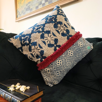 Handcrafted Blue Boho Embroidered Cushion Cover with Red Fringe