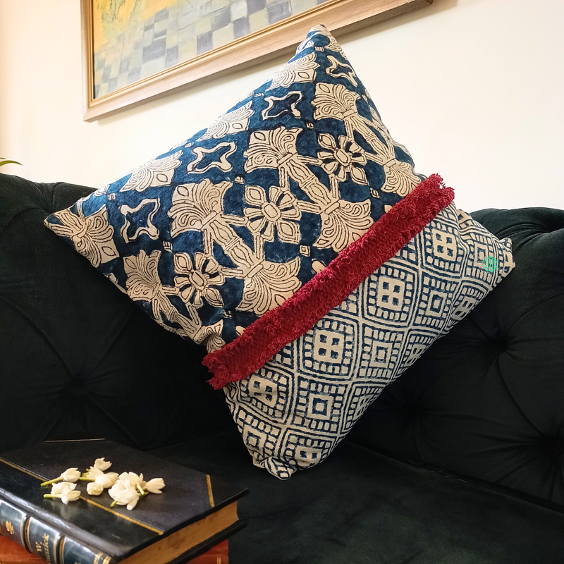 Handcrafted Blue Boho Embroidered Cushion Cover with Red Fringe