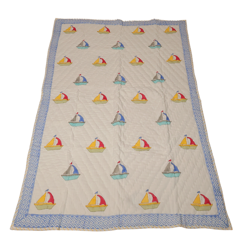 Handcrafted Block Printed Boat Design Kids Quilt