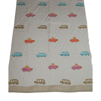 Car Design Handcrafted Block Printed Kids Quilt | Soft & Cozy Cotton Quilt for Babies & Toddlers