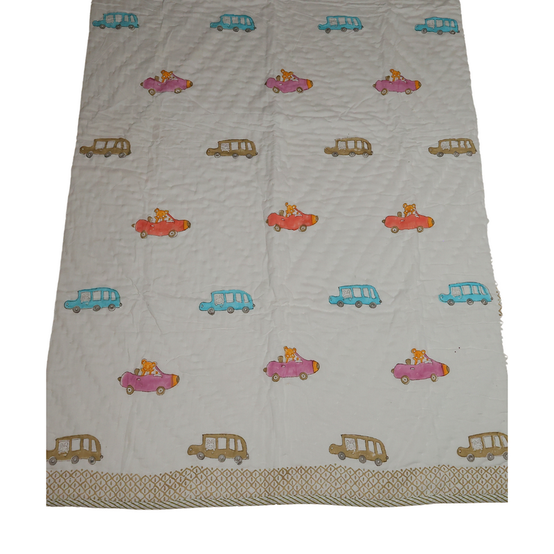 Car Design Handcrafted Block Printed Kids Quilt | Soft & Cozy Cotton Quilt for Babies & Toddlers