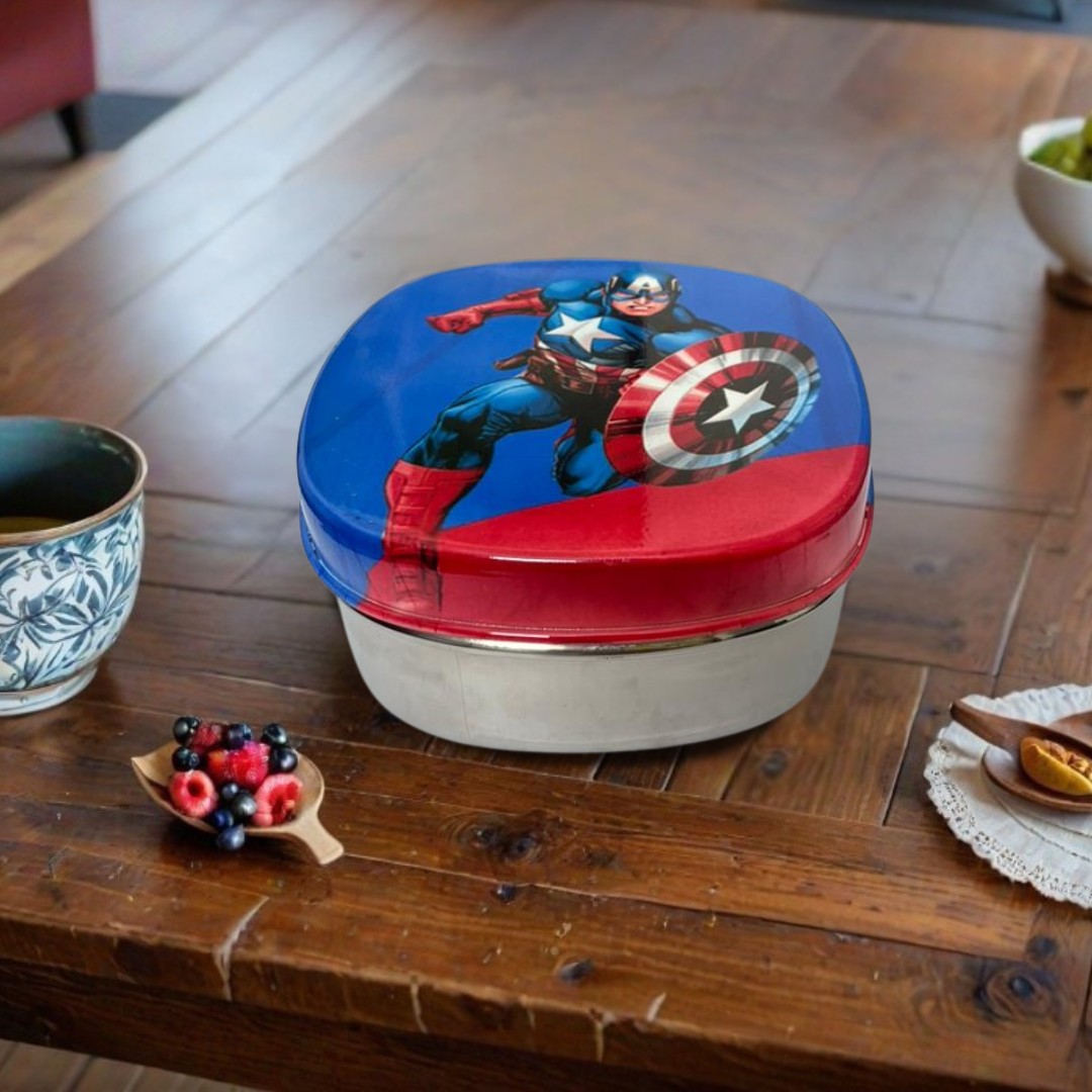 Cute Kids Lunch Box | Printed Stainless Steel Food Container | School Tiffin Box | Child-Friendly Design-Caption America