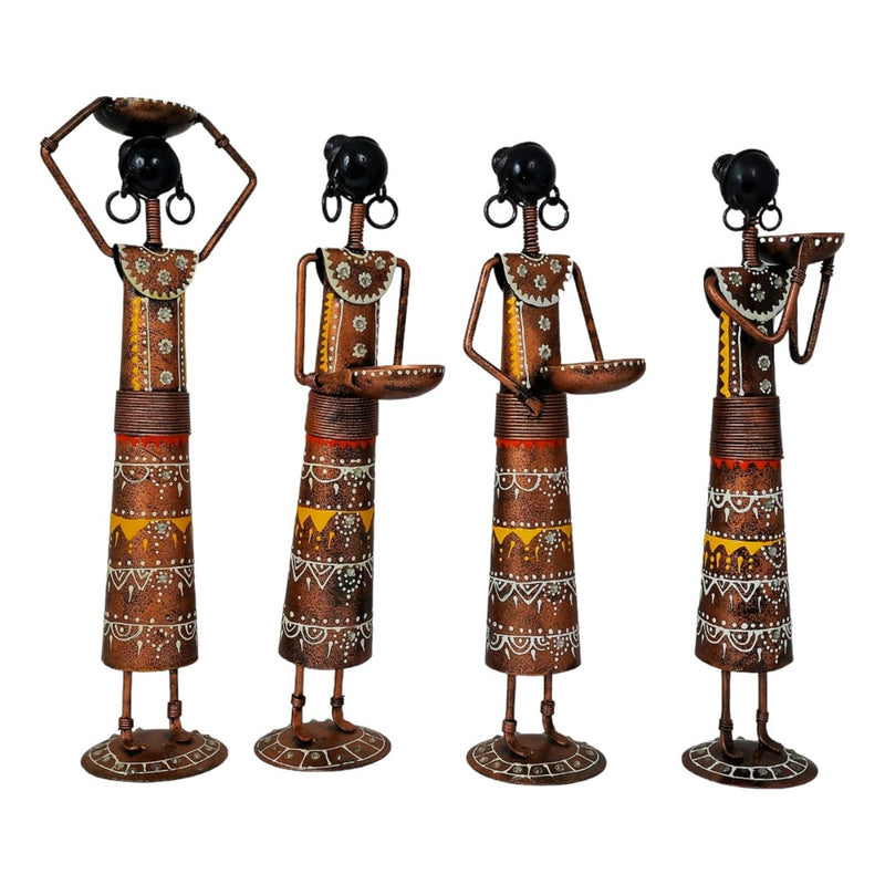 Tribal Lady Farmer Figurine - Handcrafted Ethnic Decor (Set of - 4)