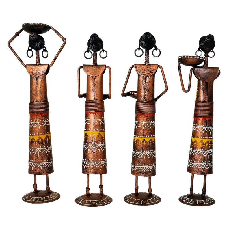 Tribal Lady Farmer Figurine - Handcrafted Ethnic Decor (Set of - 4)