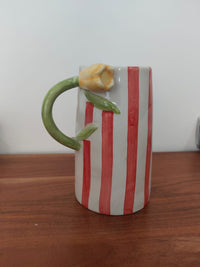 Yellow Tulip Handle Striped Ceramic Planter – Decorative Indoor Flower Pot for Home & Garden