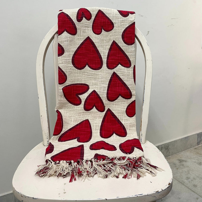 Red Heart Block Print Cotton Throw with Tassels| Perfect for Living Room and Bedroom Decor