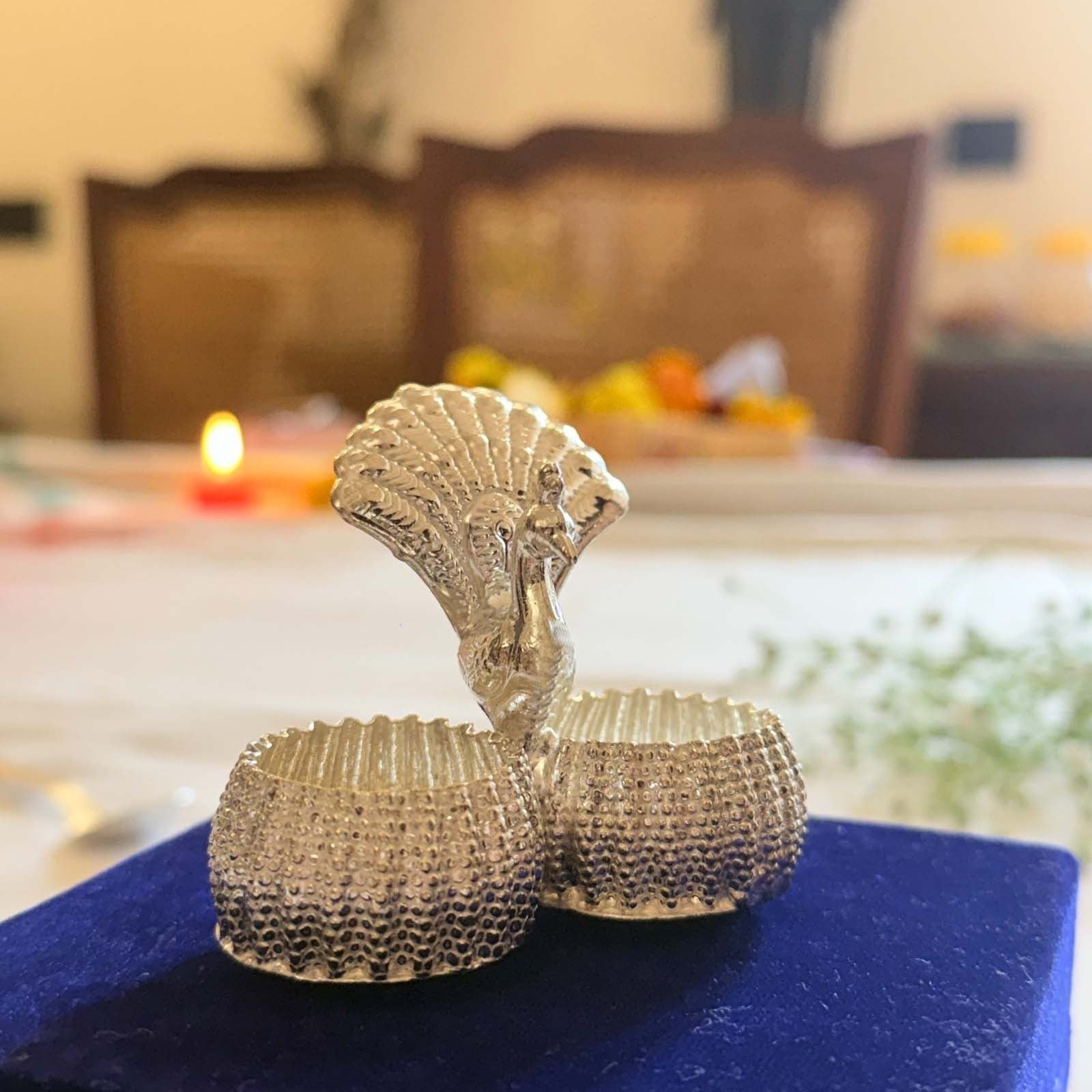 German Silver Peacock Kumkum Holder | Dual Bowl Design for Pooja, Chandan & Haldi