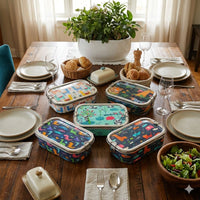 Meenakari Steel Tiffin Box – Stylish & Durable -Set Of 5 (Llama+Jungle+Panda+Dino+Animal)