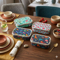 Meenakari Steel Tiffin Box – Stylish & Durable -Set Of 4 (Panda+Strawberry+Dino+Animal)