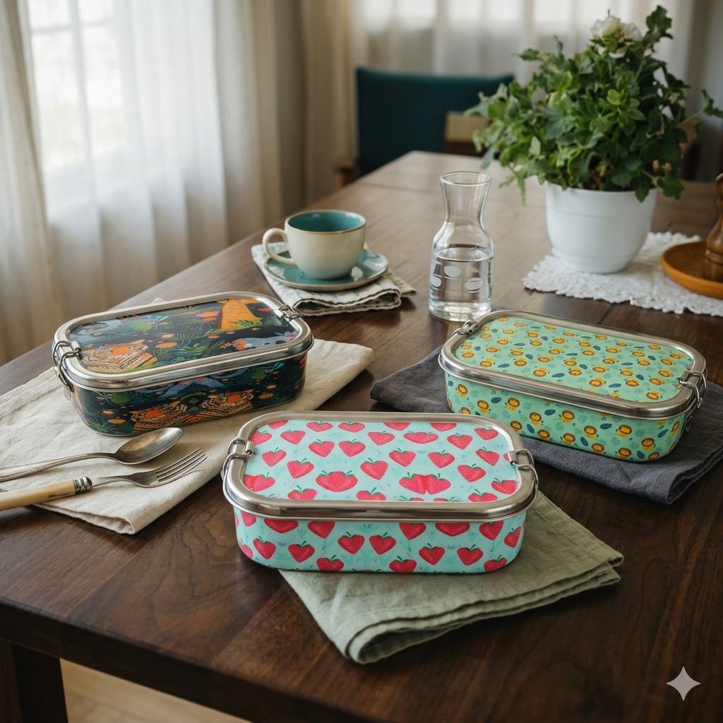 Meenakari Steel Tiffin Box – Stylish & Durable -Set Of 3 (Lion + Jungle + Strawberry)