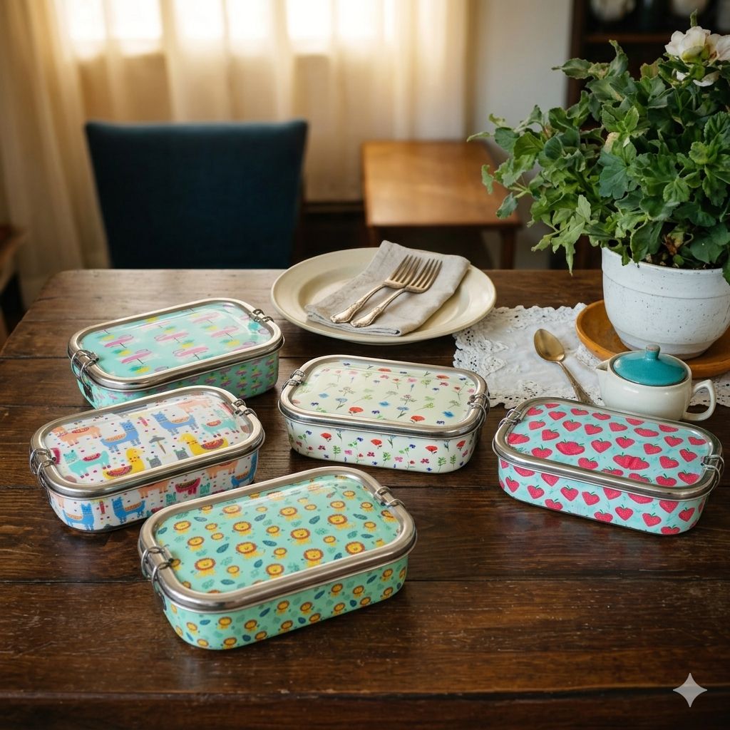 Meenakari Steel Tiffin Box – Stylish & Durable -Set Of 5 (Flamingo+White Floral+Strawberry+Lion+Llama)