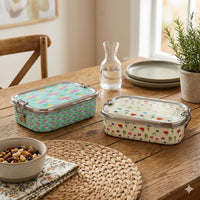Meenakari Steel Tiffin Box – Stylish & Durable -Set Of 2 ( White Floral+ Flamingo)