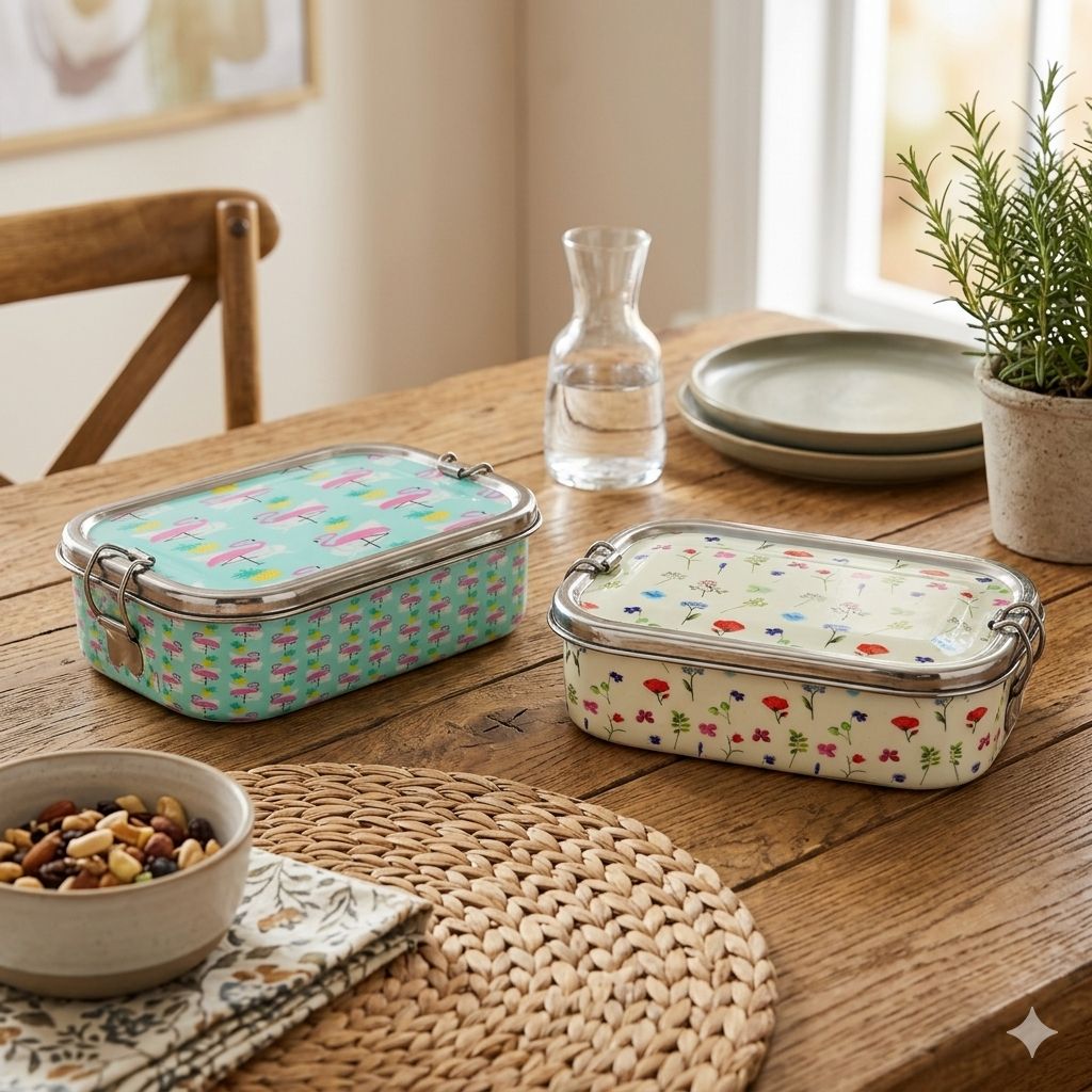 Meenakari Steel Tiffin Box – Stylish & Durable -Set Of 2 ( White Floral+ Flamingo)