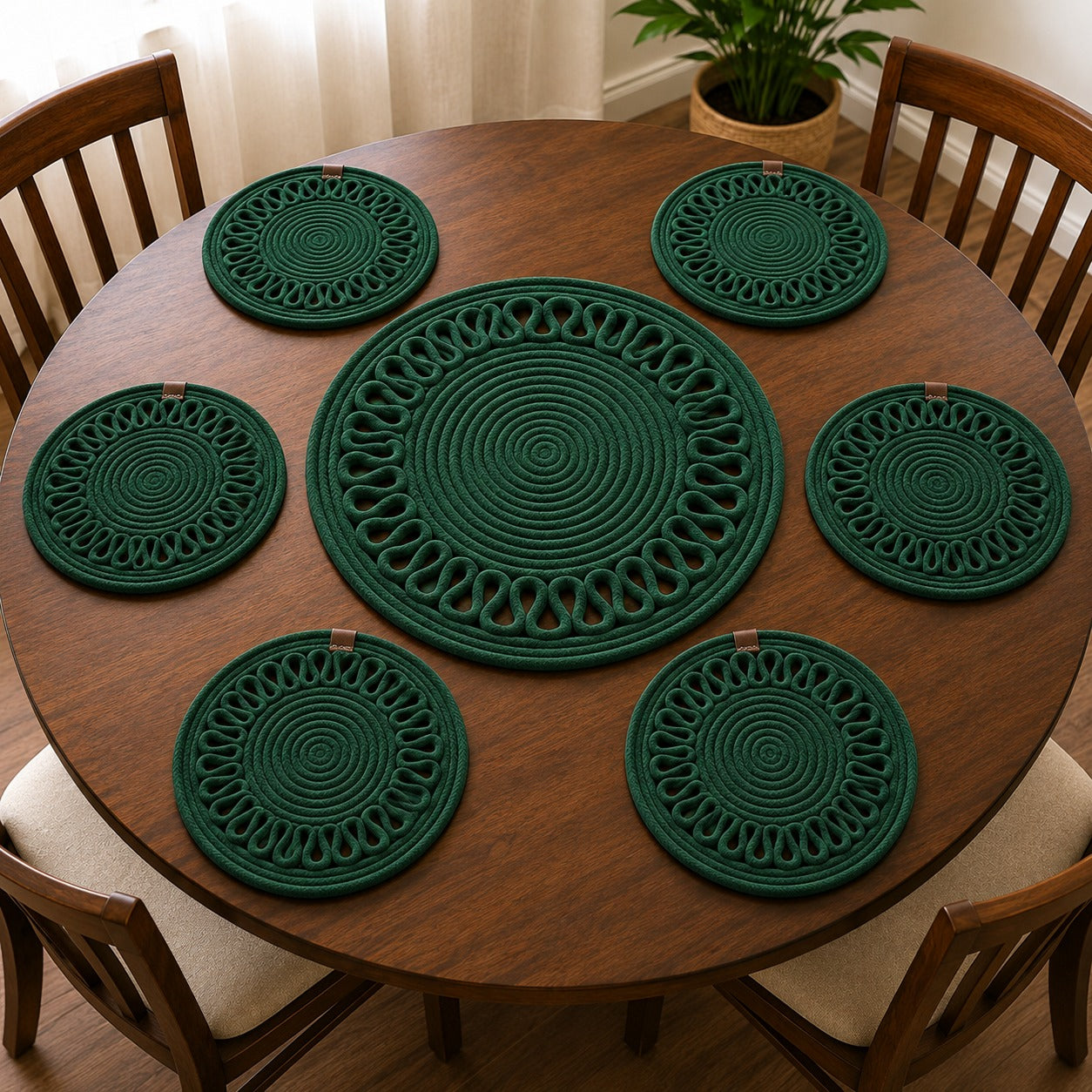 Handcrafted Green Woven Table Runner & Dining Table Mat Set | Round Boho -( Set of 7)