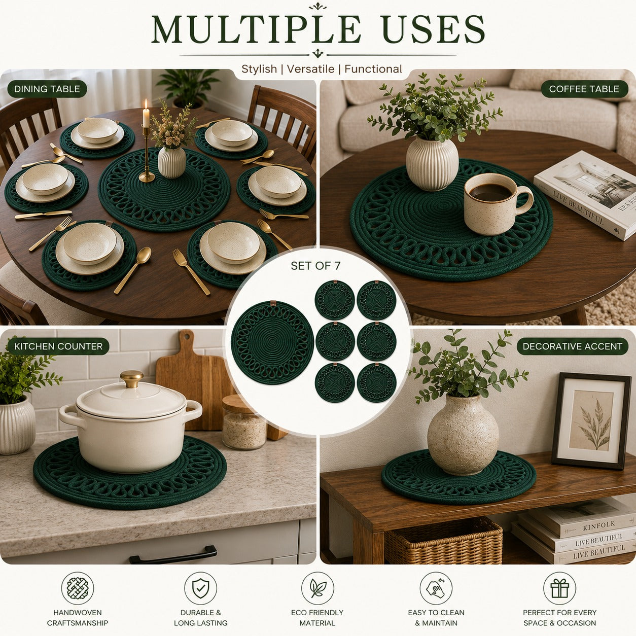 Handcrafted Green Woven Table Runner & Dining Table Mat Set | Round Boho -( Set of 7)