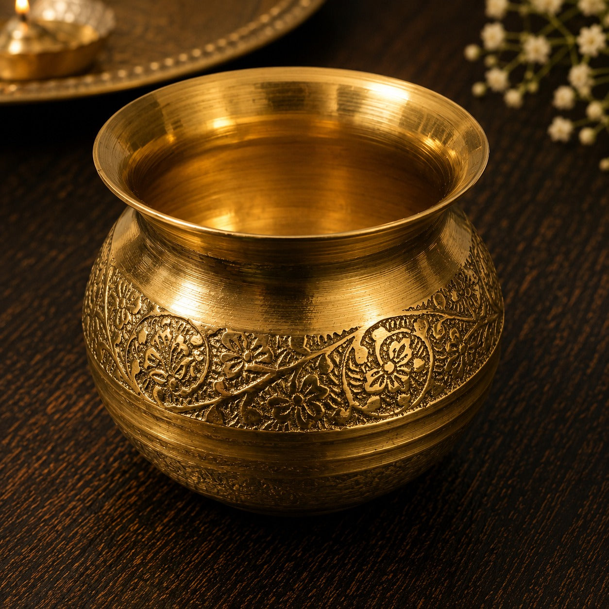Handcrafted Brass Puja Water Pot – Traditional Embossed Floral Design