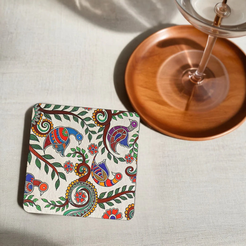 Elegant MDF Kalamkari Print Coaster – Stylish & Durable Design (Set Of 4)