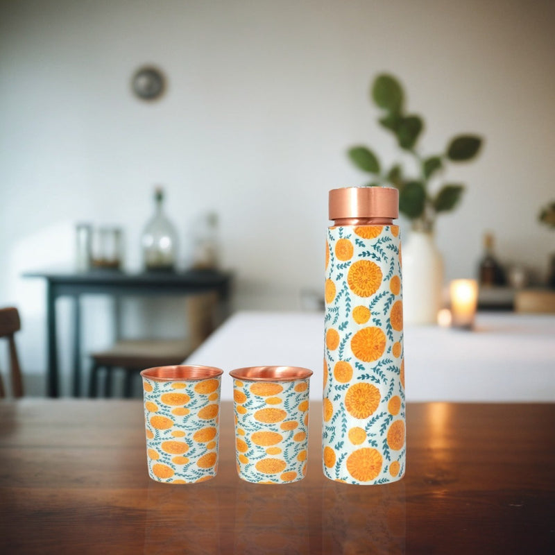 Copper Water Bottle Set | 1 Litre Bottle & Set of 2 Glasses | White Floral | Boosts Immunity