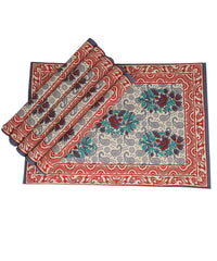 Red Floral Block Printed Table Placemat (Set of 6) | Handcrafted Dining Placemats