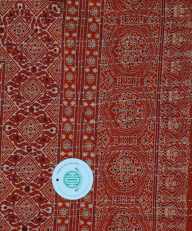 Red Ajrakh with Kantha Bedcover | Artisan-Made 100% Cotton Bedspread