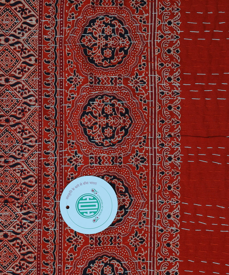 Red Ajrakh with Kantha Bedcover | Artisan-Made 100% Cotton Bedspread