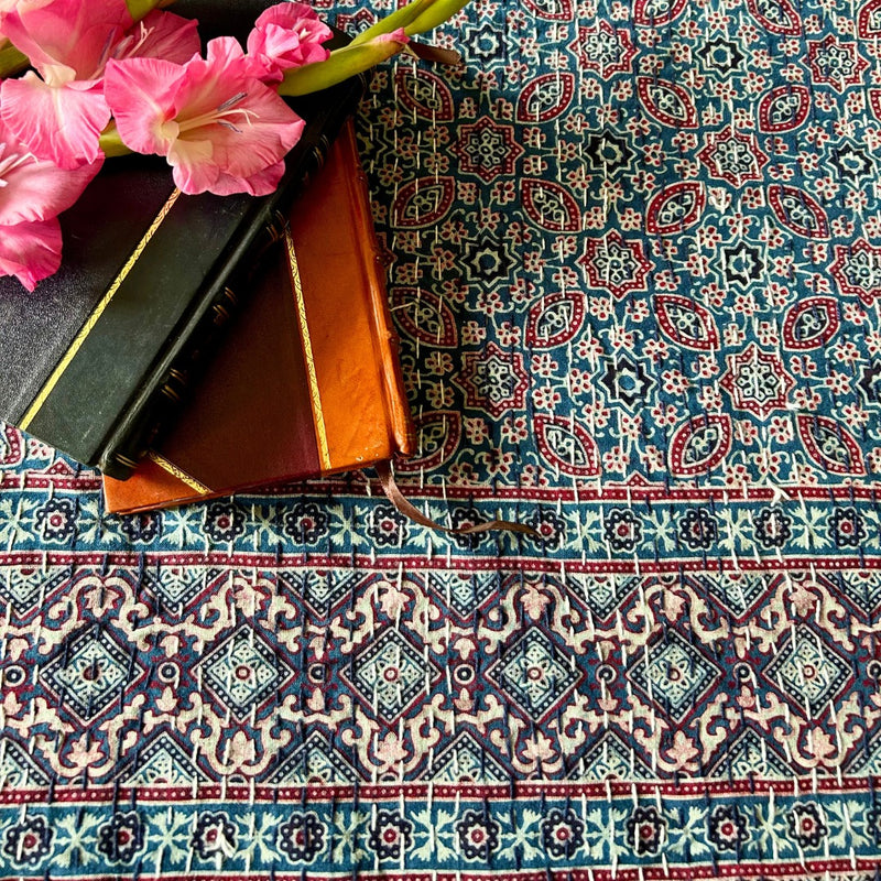 Ajrakh with Kantha Bedcover | Artisan-Made 100% Cotton Bedspread