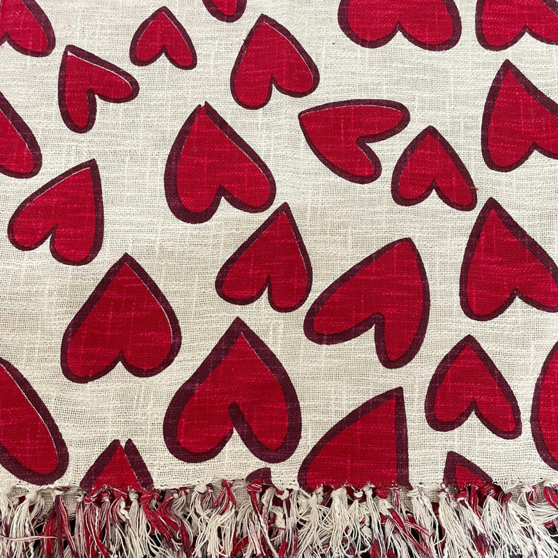 Red Heart Block Print Cotton Throw with Tassels| Perfect for Living Room and Bedroom Decor