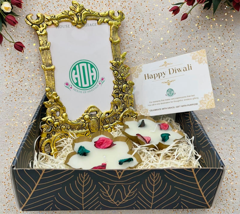 Diwali Gift Box – Photo Frame & Metal Wax Diya Combo
