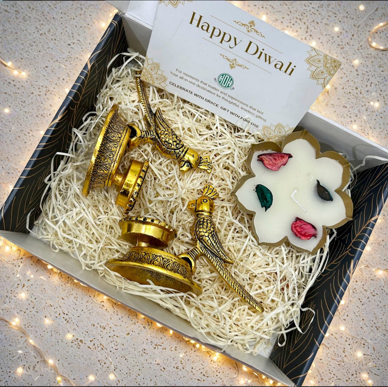 Diwali Gift Box – Parrot T-Light & Metal Wax Diya Combo