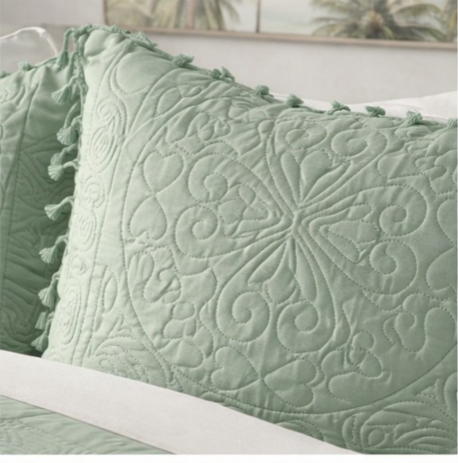 Premium Quilted Cotton Bedcover with Tassels-Green