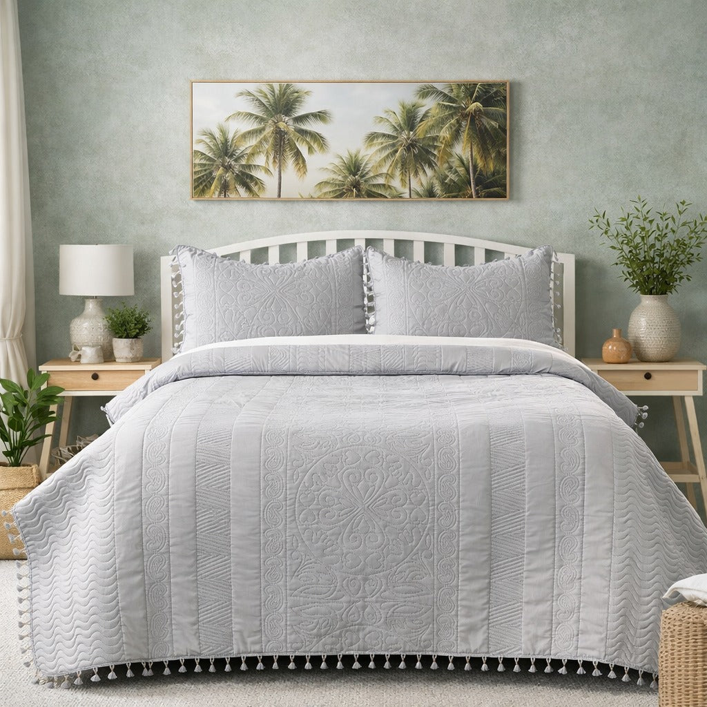 Premium Quilted Cotton Bedcover with Tassels-Grey