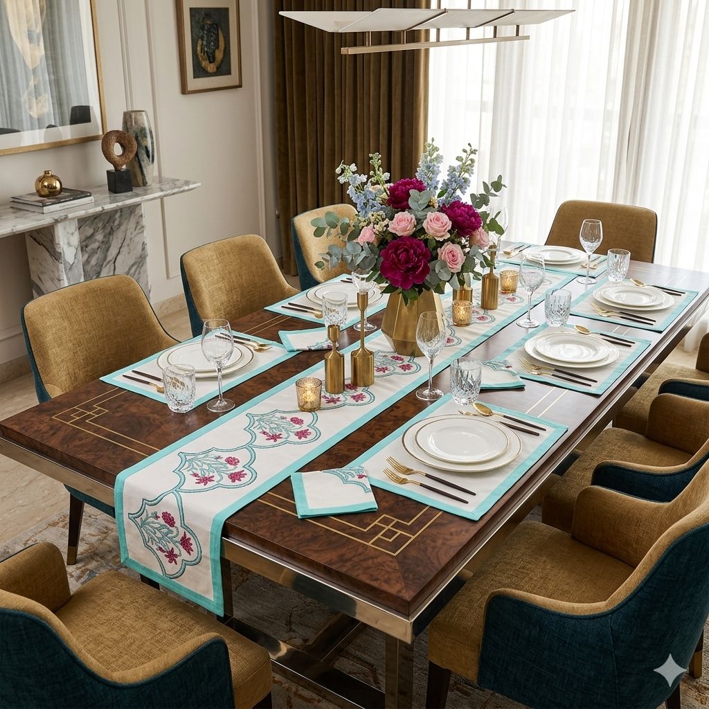 Pastel Bloom Printed Dining Table Set – Soft Floral Cotton Table Linen