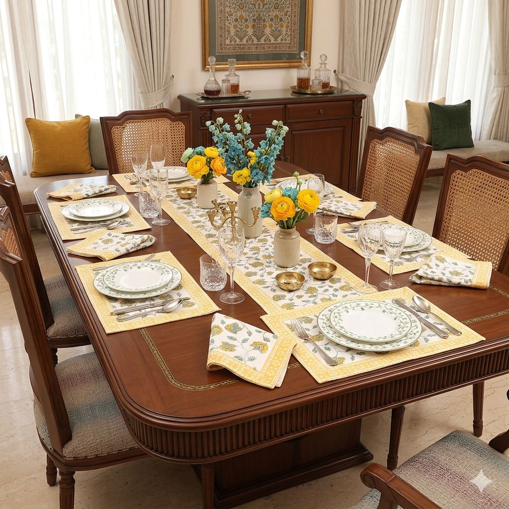 Floral Hand Block Print Dining Table Set – Artisan Cotton Table Linen