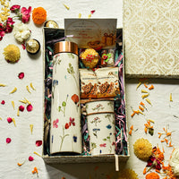 Premium Rakhi Gift Box- White Floral Copper Bottle + 2Glass Set