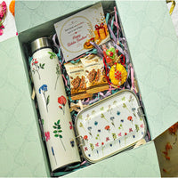 Premium Rakhi Gift Box- Floral Bottle+Floral 1tier Lunchbox
