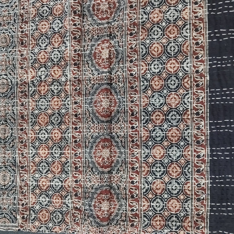 Ajrakh with Kantha Bedcover | Artisan-Made 100% Cotton Bedspread