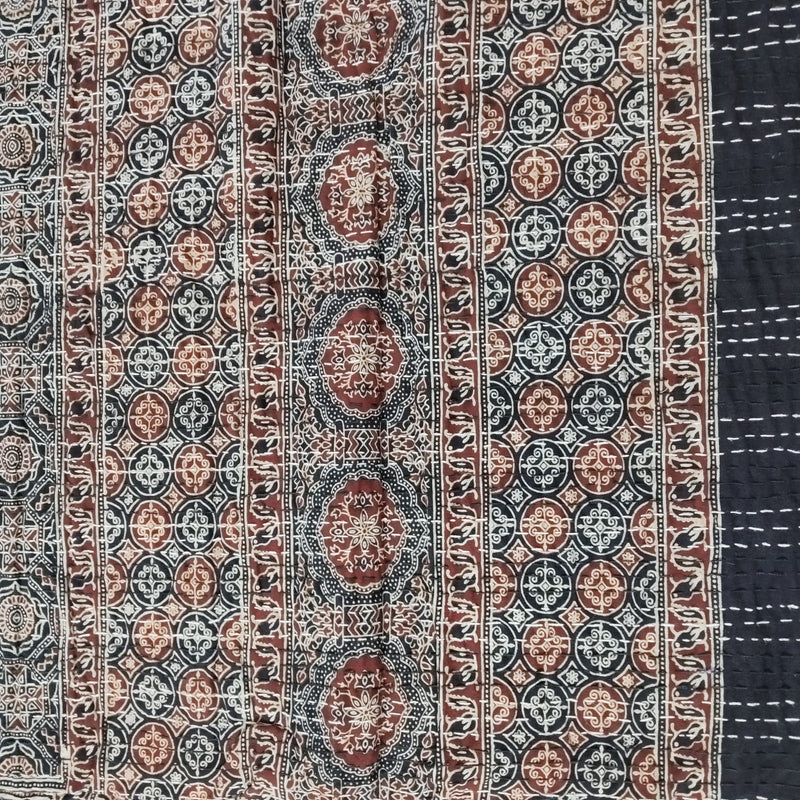 Ajrakh with Kantha Bedcover | Artisan-Made 100% Cotton Bedspread