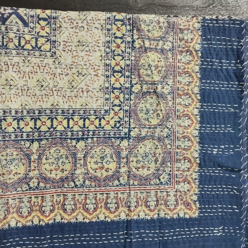 Ajrakh with Kantha Bedcover | Artisan-Made 100% Cotton Bedspread