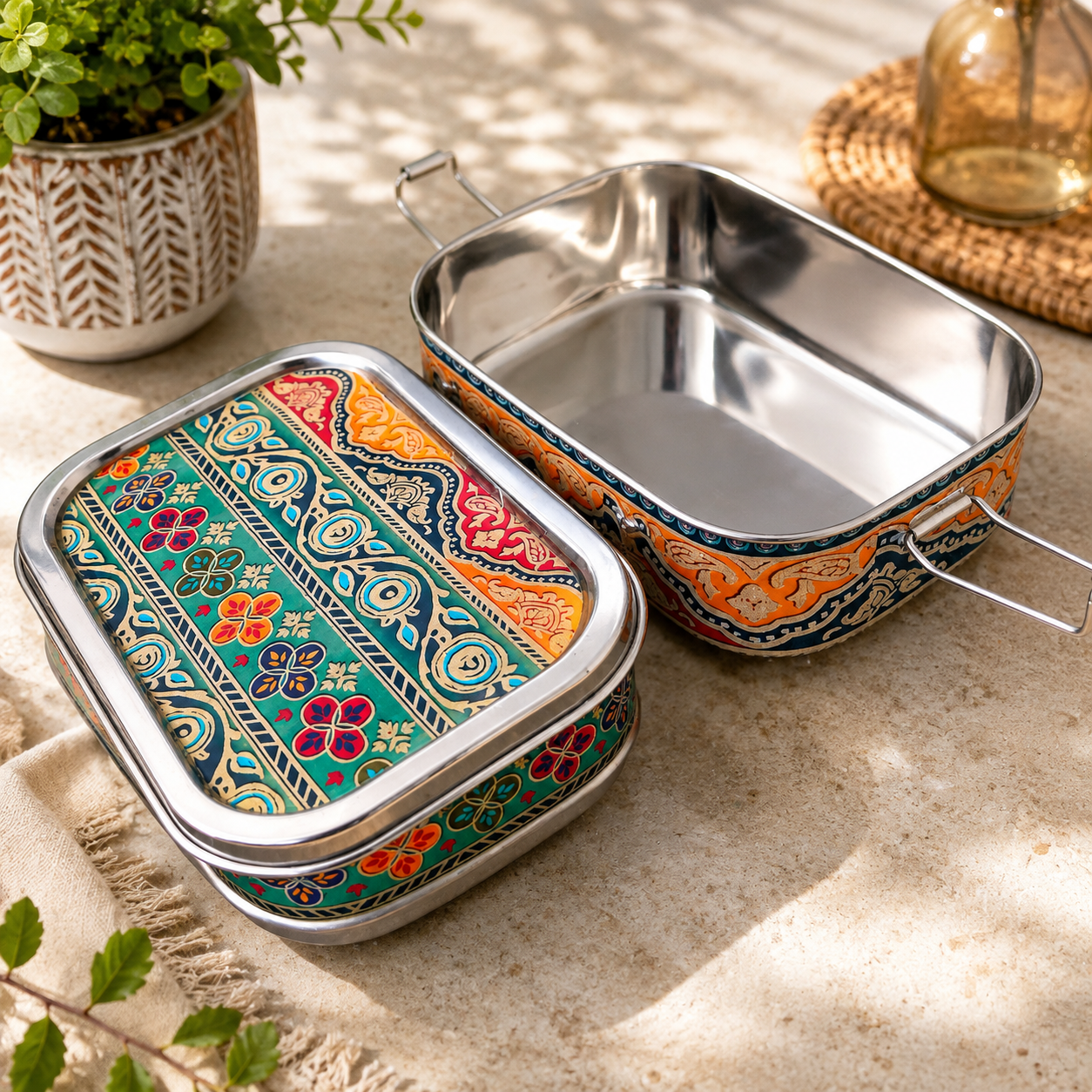 Eco-Friendly Ethnic Meenakari 2-Tier Steel Tiffin