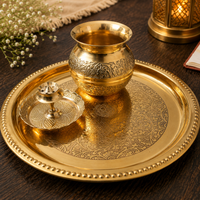 Handcrafted Brass Pooja Thali Set of 3 | Water Pot, Pooja Thali & Incense Stick Holder.