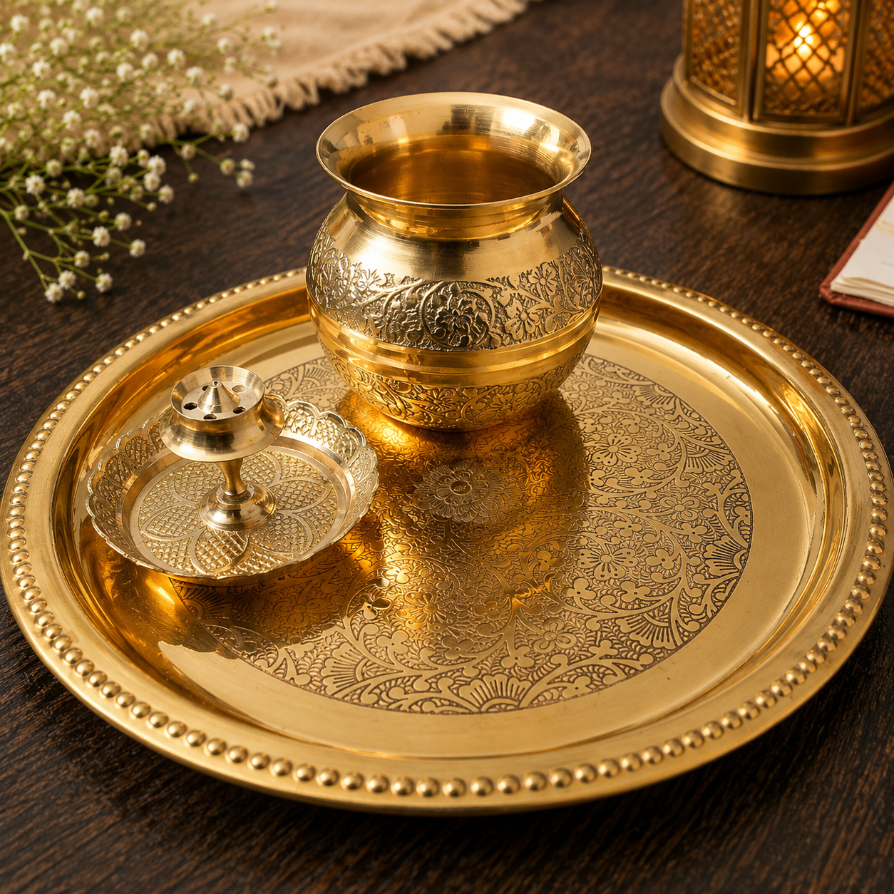Handcrafted Brass Pooja Thali Set of 3 | Water Pot, Pooja Thali & Incense Stick Holder.