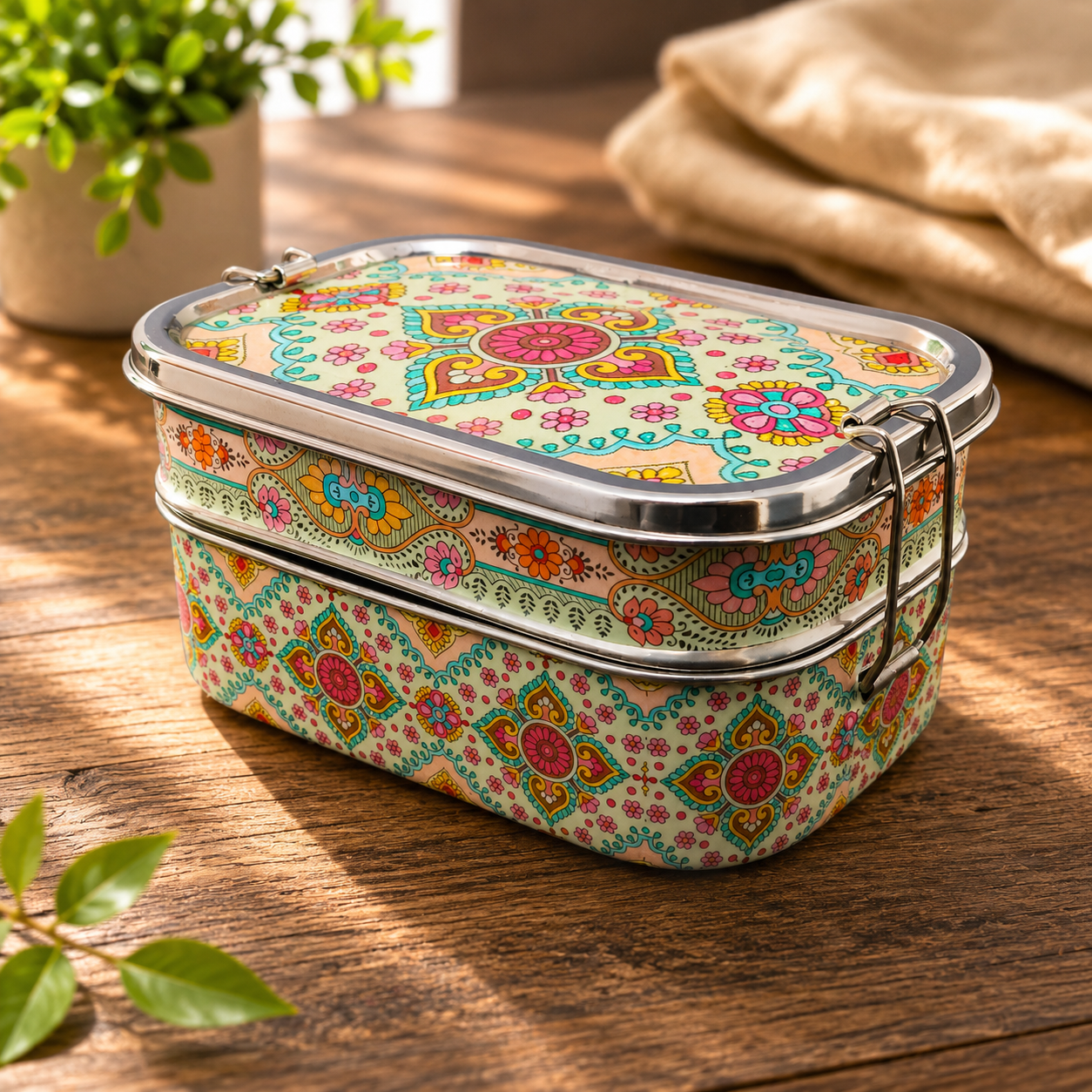 Eco-Friendly Ethnic Meenakari 2-Tier Steel Tiffin