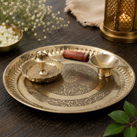 Artisan Mandala Brass Pooja Thali Set – 3 Piece Set with Diya & Incense Stick Holder