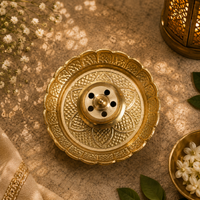Handcrafted Brass Pooja Thali Set of 3 | Water Pot, Pooja Thali & Incense Stick Holder.