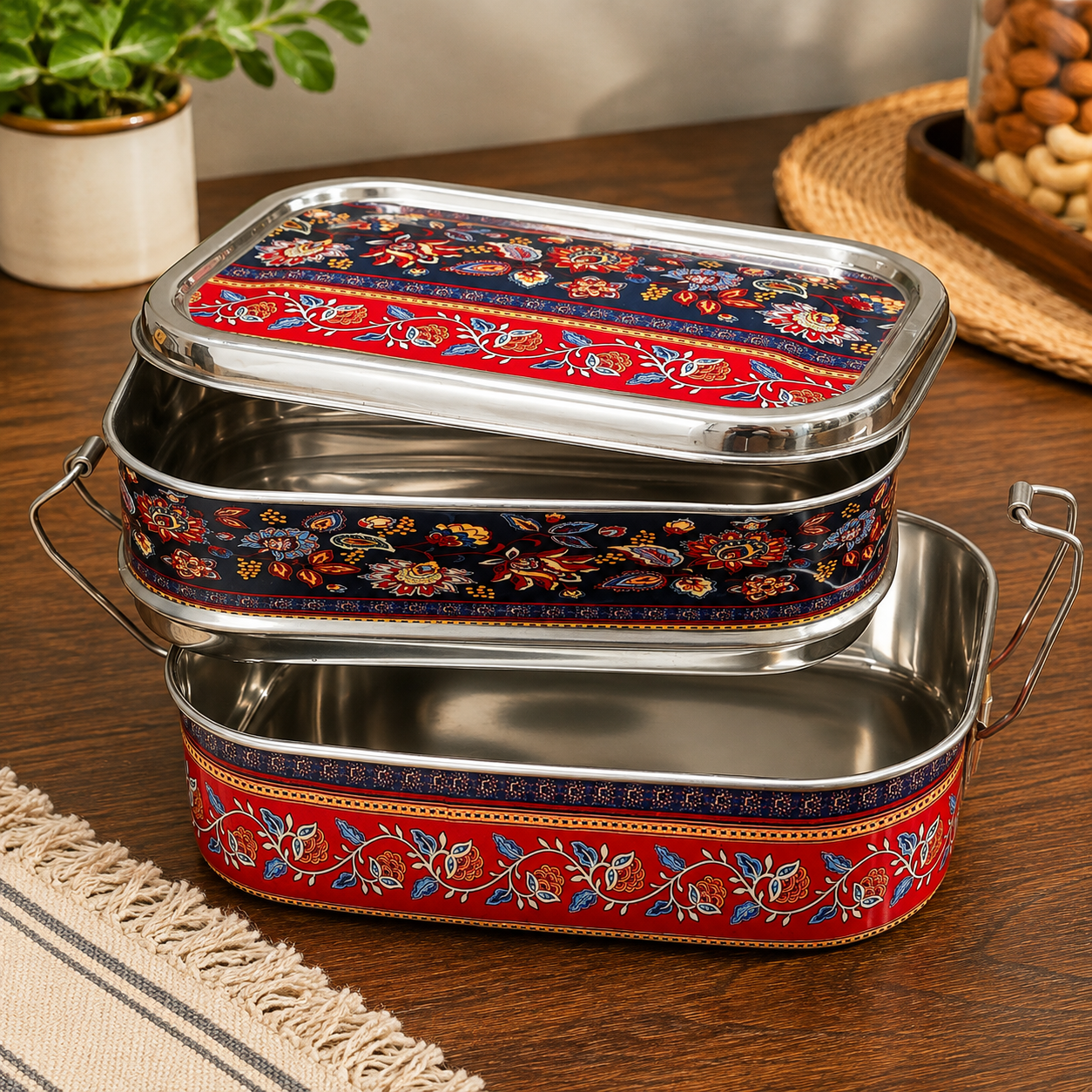 Eco-Friendly Ethnic Meenakari 2-Tier Steel Tiffin