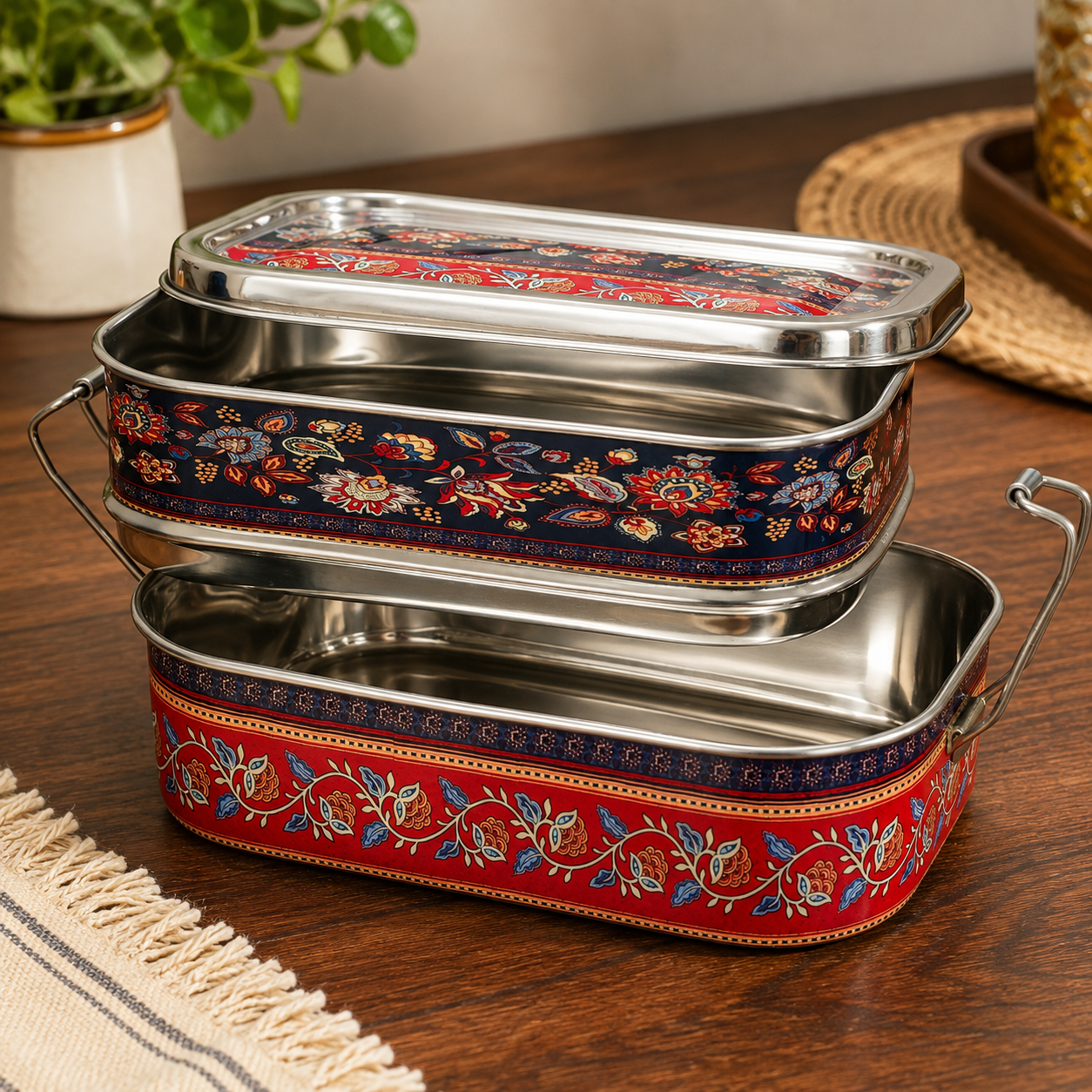 Eco-Friendly Ethnic Meenakari 2-Tier Steel Tiffin