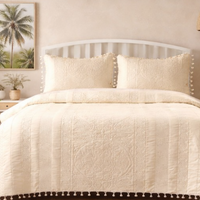 Premium Quilted Cotton Bedcover with Tassels-Cream
