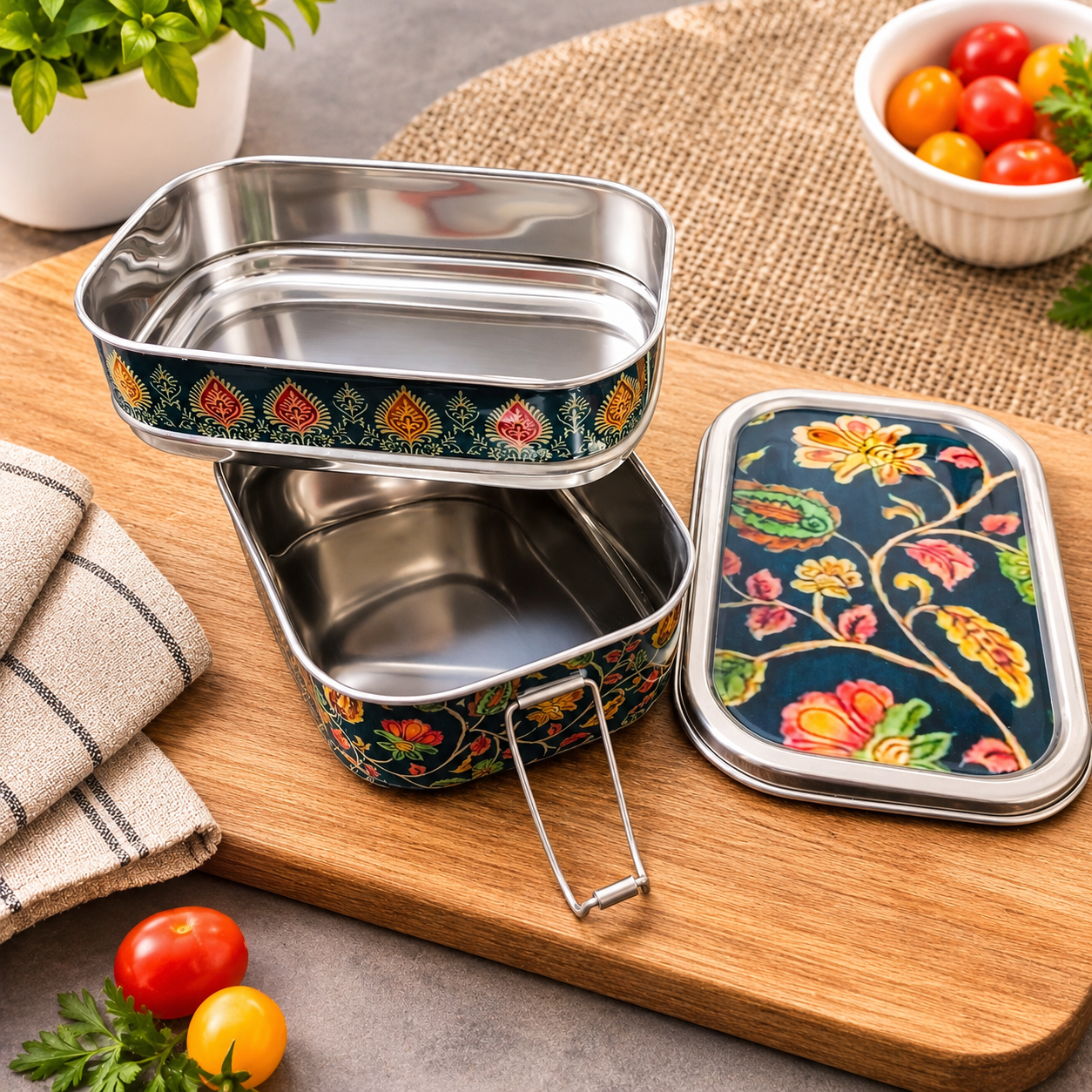 Eco-Friendly Ethnic Meenakari 2-Tier Steel Tiffin