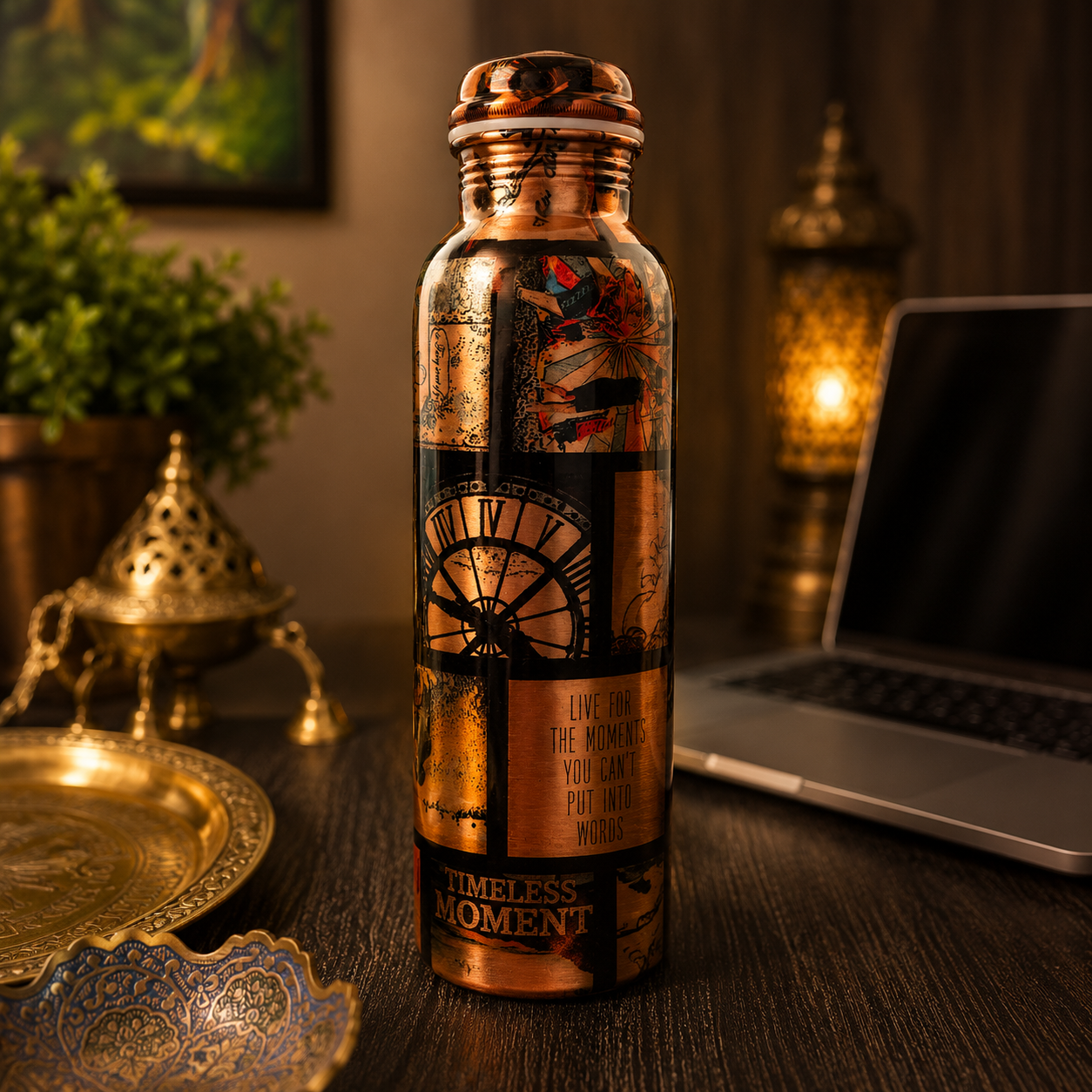 Handcrafted Copper Water Bottle – Vintage Retro Art Collage Design