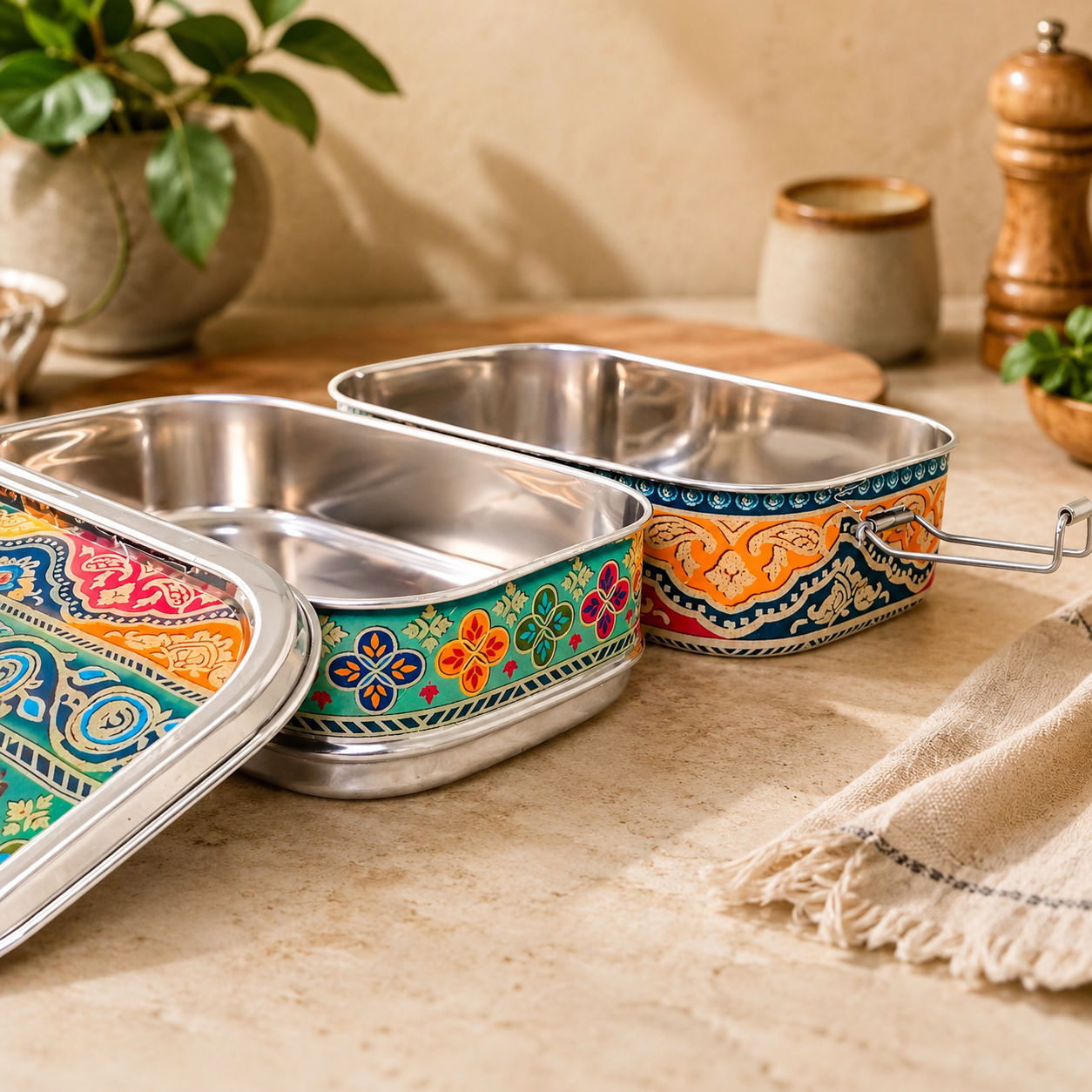 Eco-Friendly Ethnic Meenakari 2-Tier Steel Tiffin